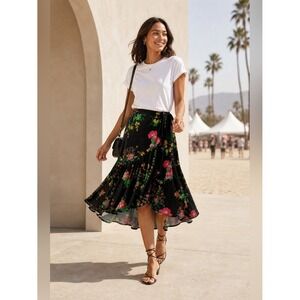 CABI Dark Floral Wrap Skirt M Midi Ruffle Work Boho Resort Vacation #5700 Black